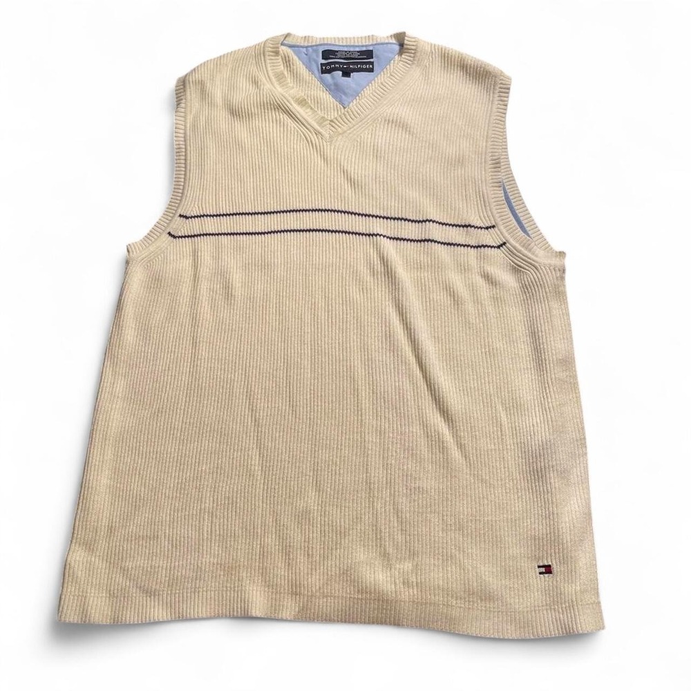 Tommy Hilfiger Mens V-Neck Sweater Vest Beige Ribbed Cotton Large Striped Preppy